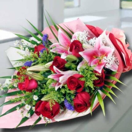 RED ROSES AND PINK LILIES BOUQUET